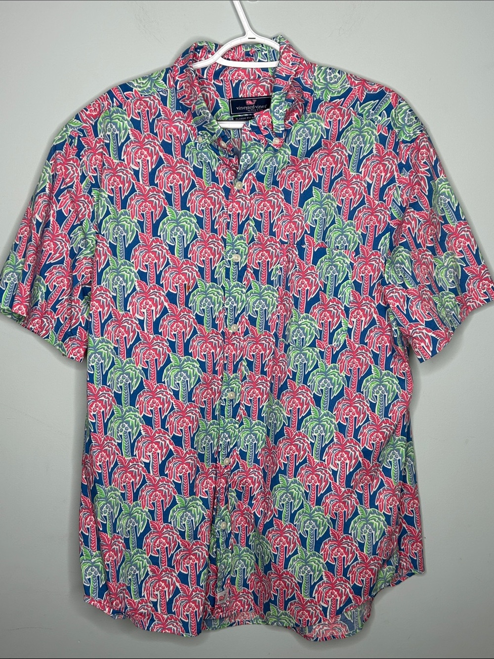 Vineyard Vines Navy Short-Sleeve Button-Down with Pink & Green Palm‎ Print